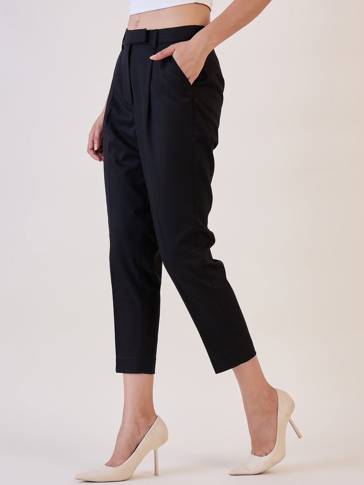 PowerSutra Black Pleated High Waist Above Ankle length Trouser