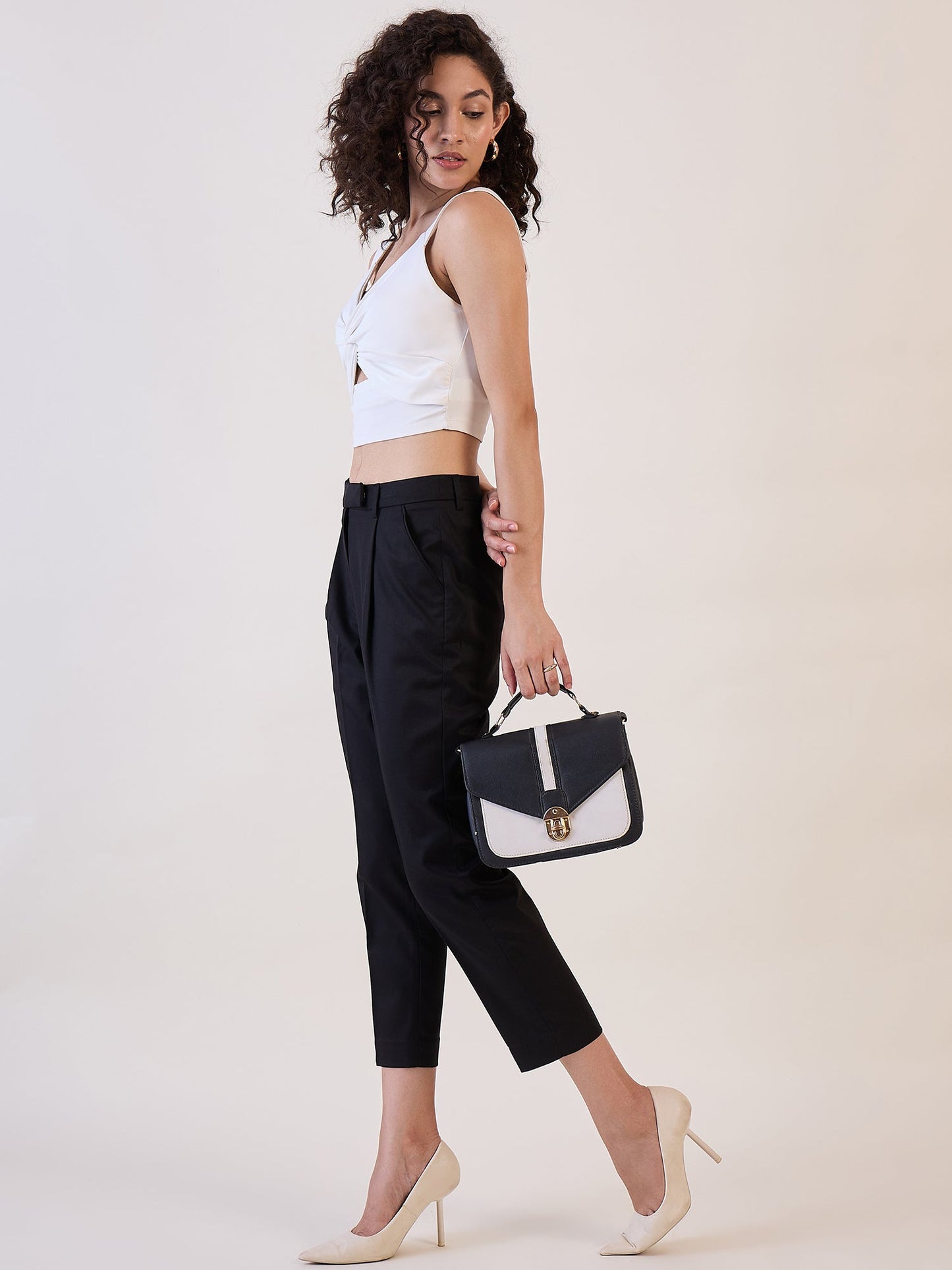 PowerSutra Black Pleated High Waist Above Ankle length Trouser