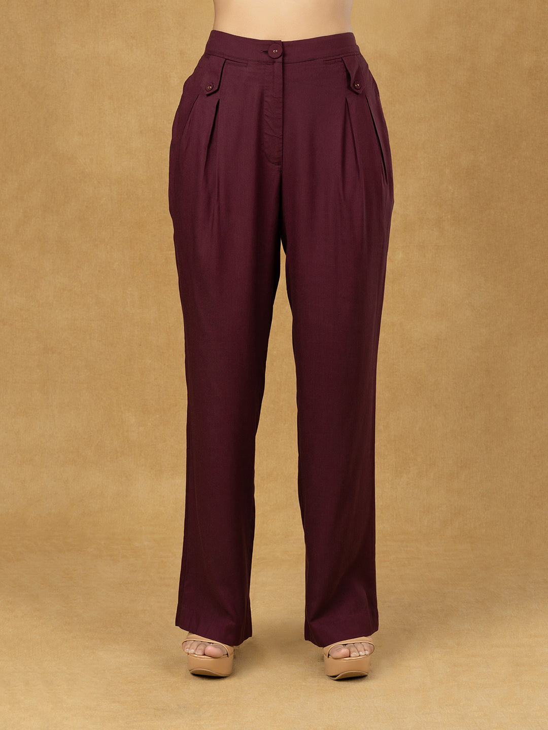 PowerSutra Burgundy Inverted Pleats High Waist Trouser