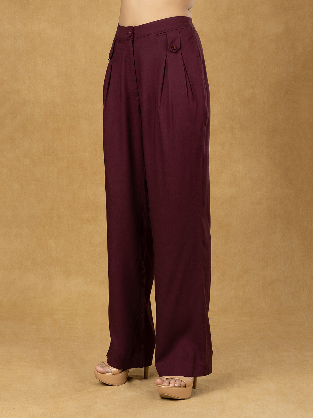 PowerSutra Burgundy Inverted Pleats High Waist Trouser