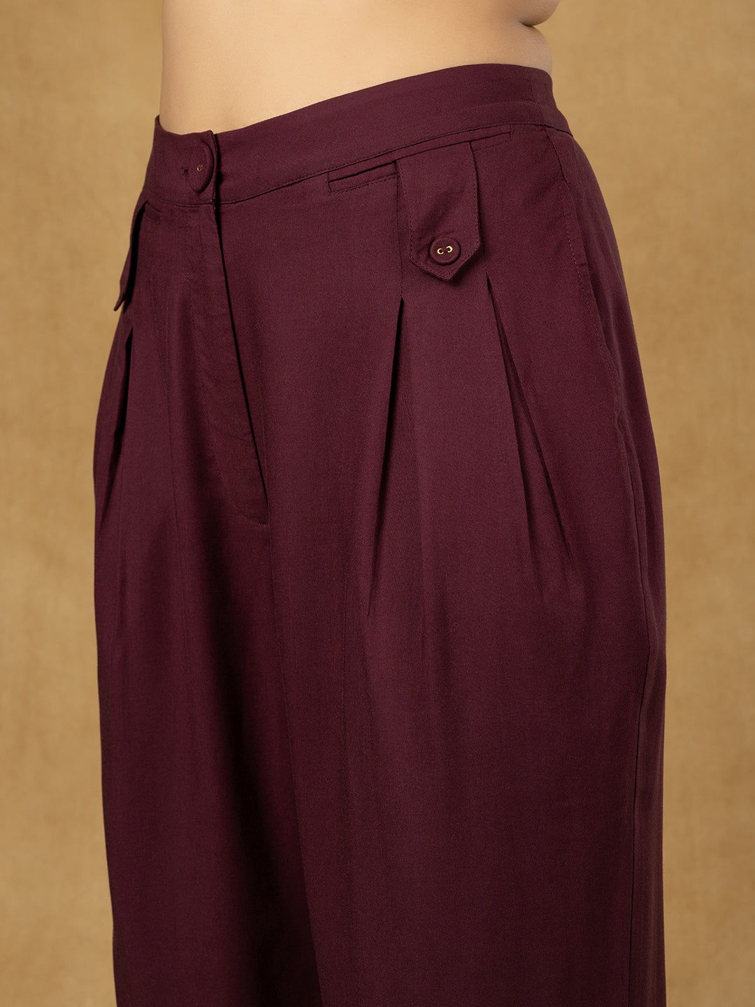 PowerSutra Burgundy Inverted Pleats High Waist Trouser