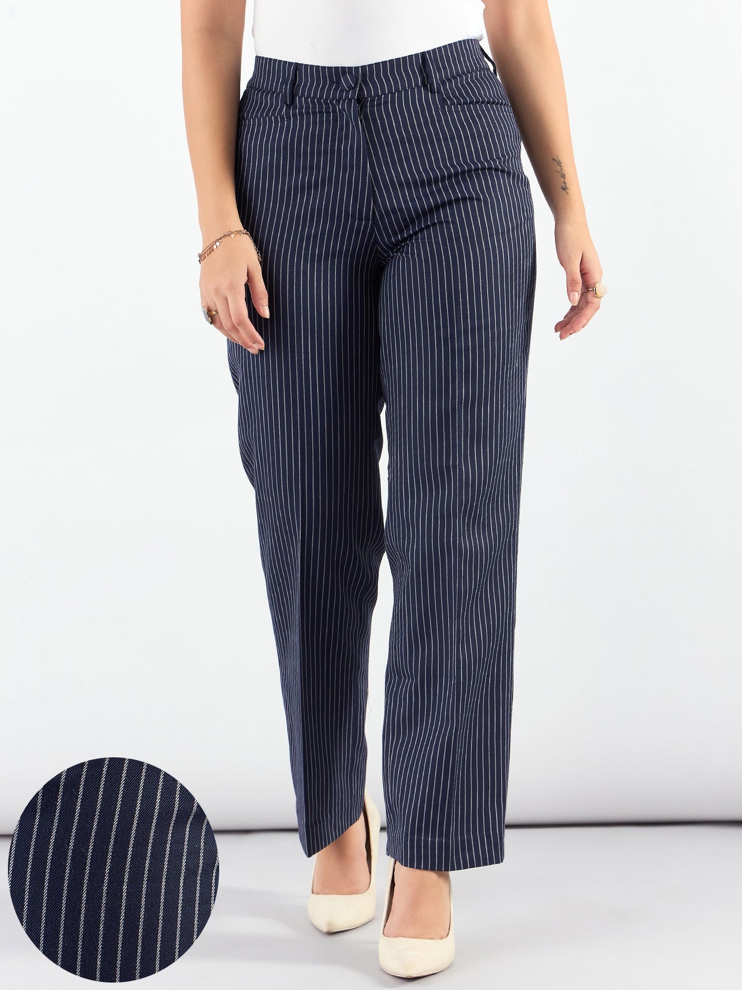 PowerSutra Blue-Striped High Waist Tailored Trousers