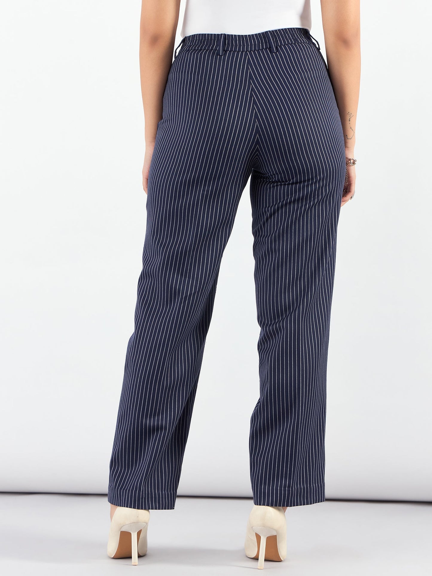 PowerSutra Blue-Striped High Waist Tailored Trousers