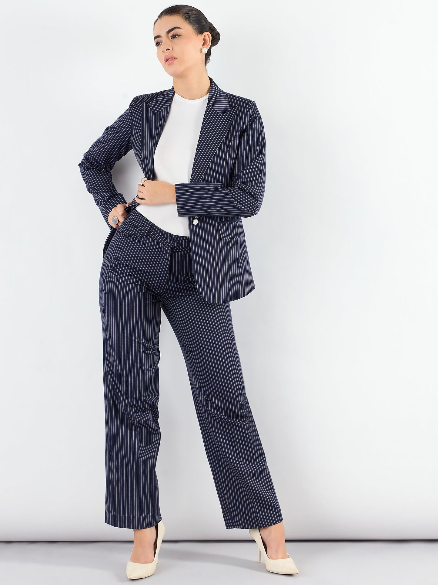 PowerSutra Blue-Striped High Waist Tailored Trousers