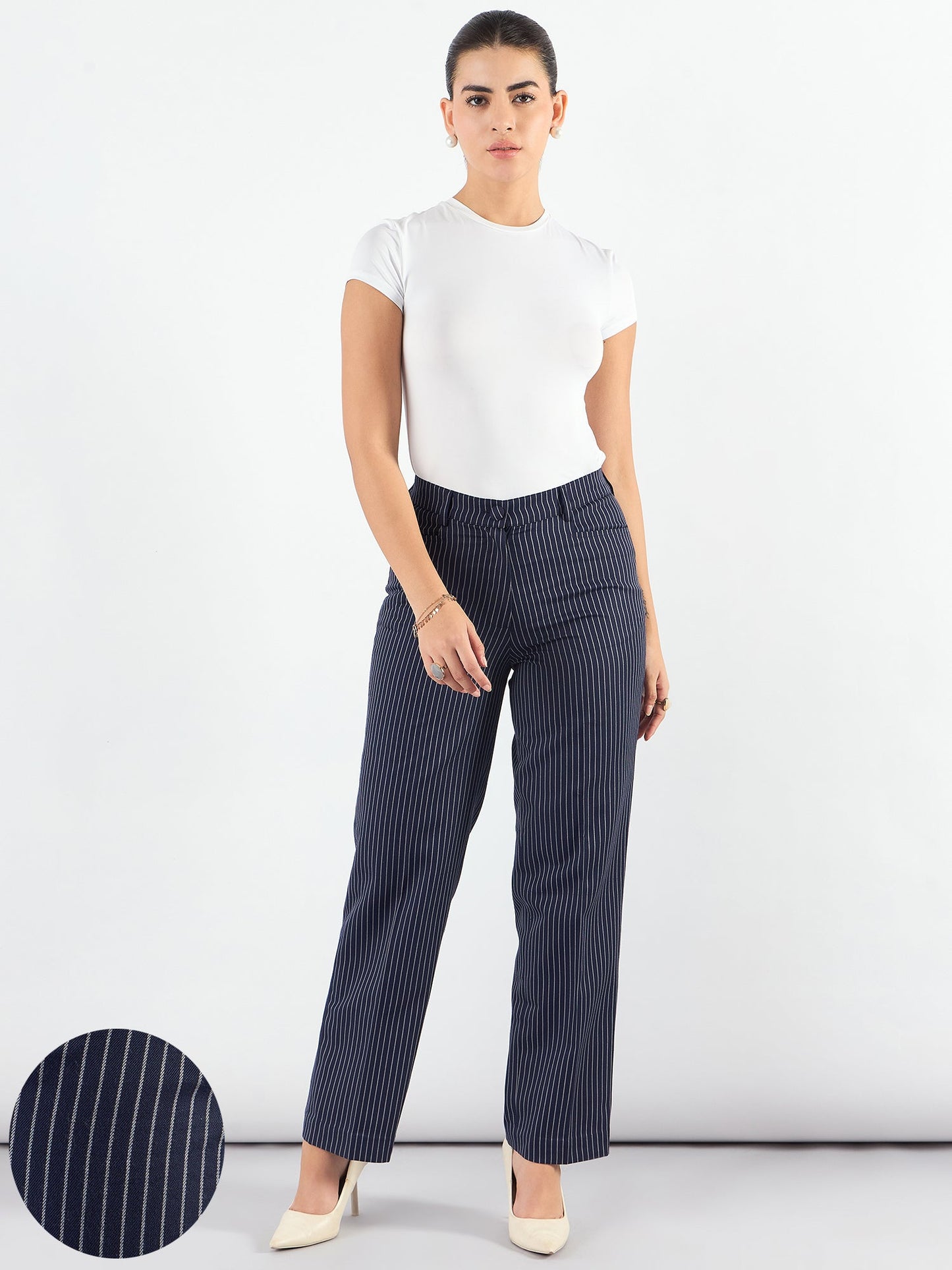 PowerSutra Blue-Striped High Waist Tailored Trousers