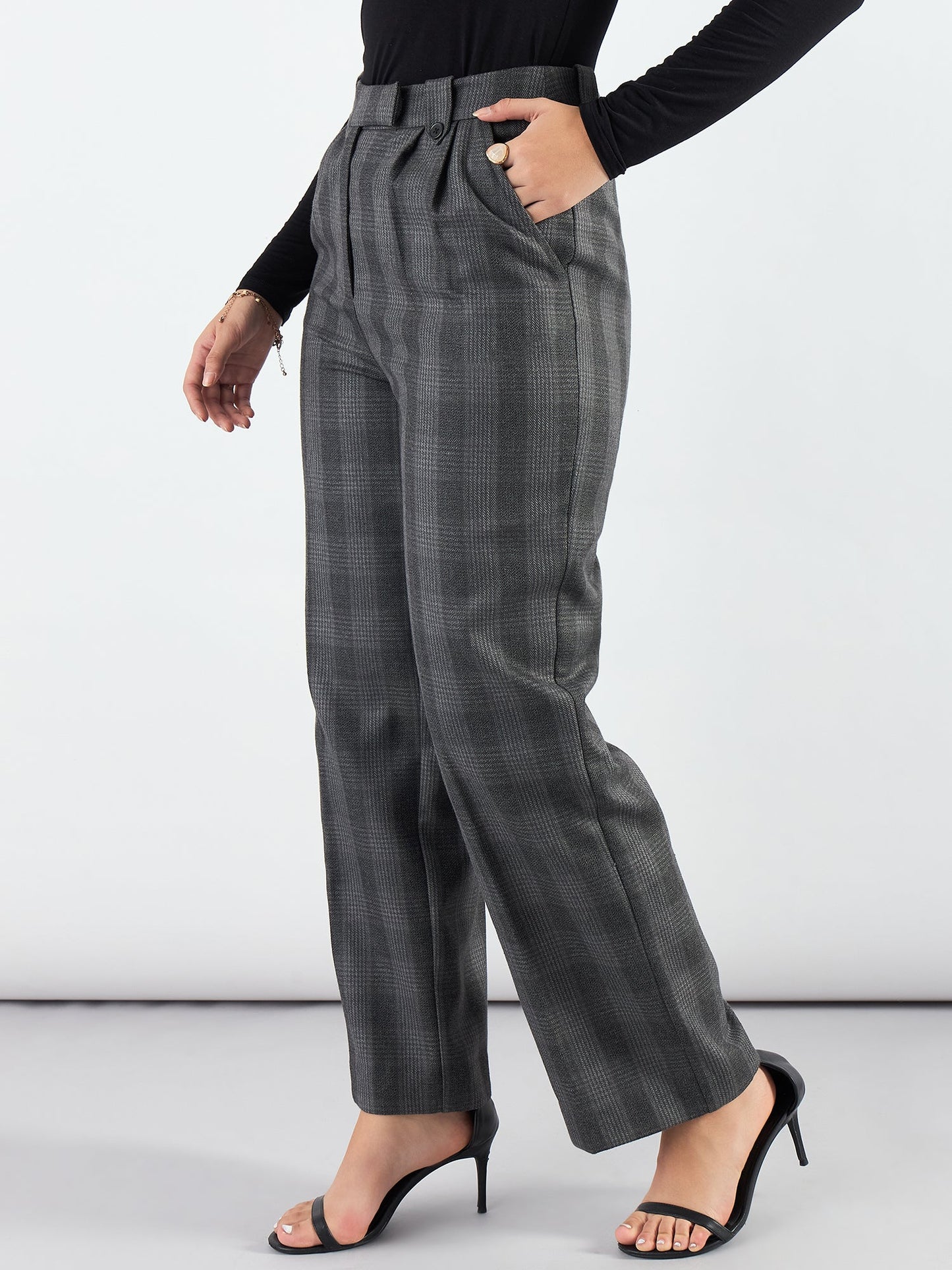 PowerSutra Checkered High Waist Warm Pleated Trouser