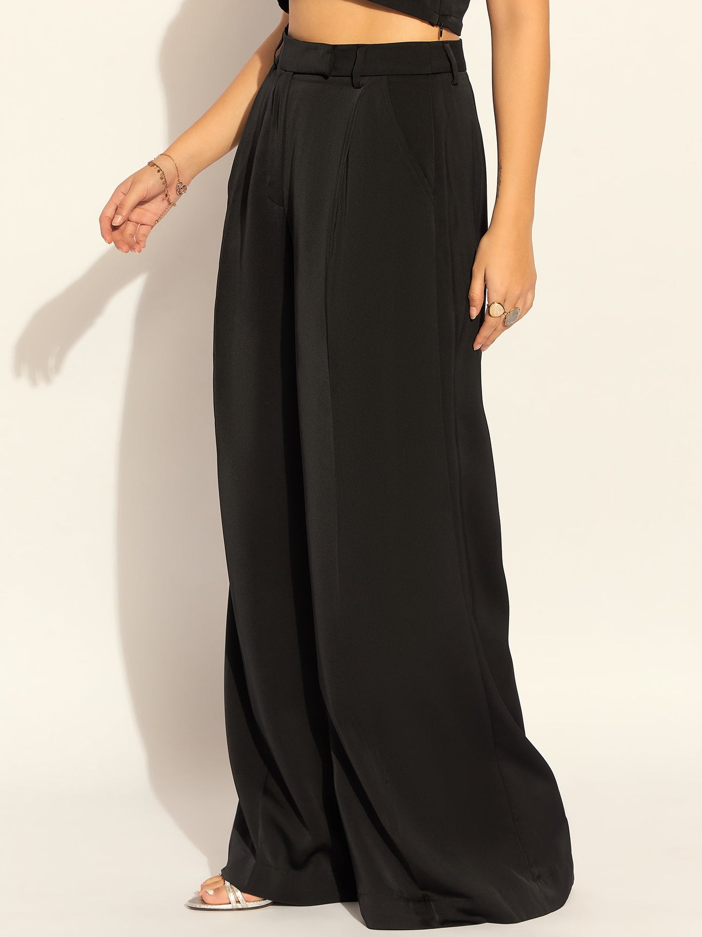 PowerSutra Elegant Black Relaxed Straight Fit Satin High Waist Wide Leg Trouser In Soft Satin