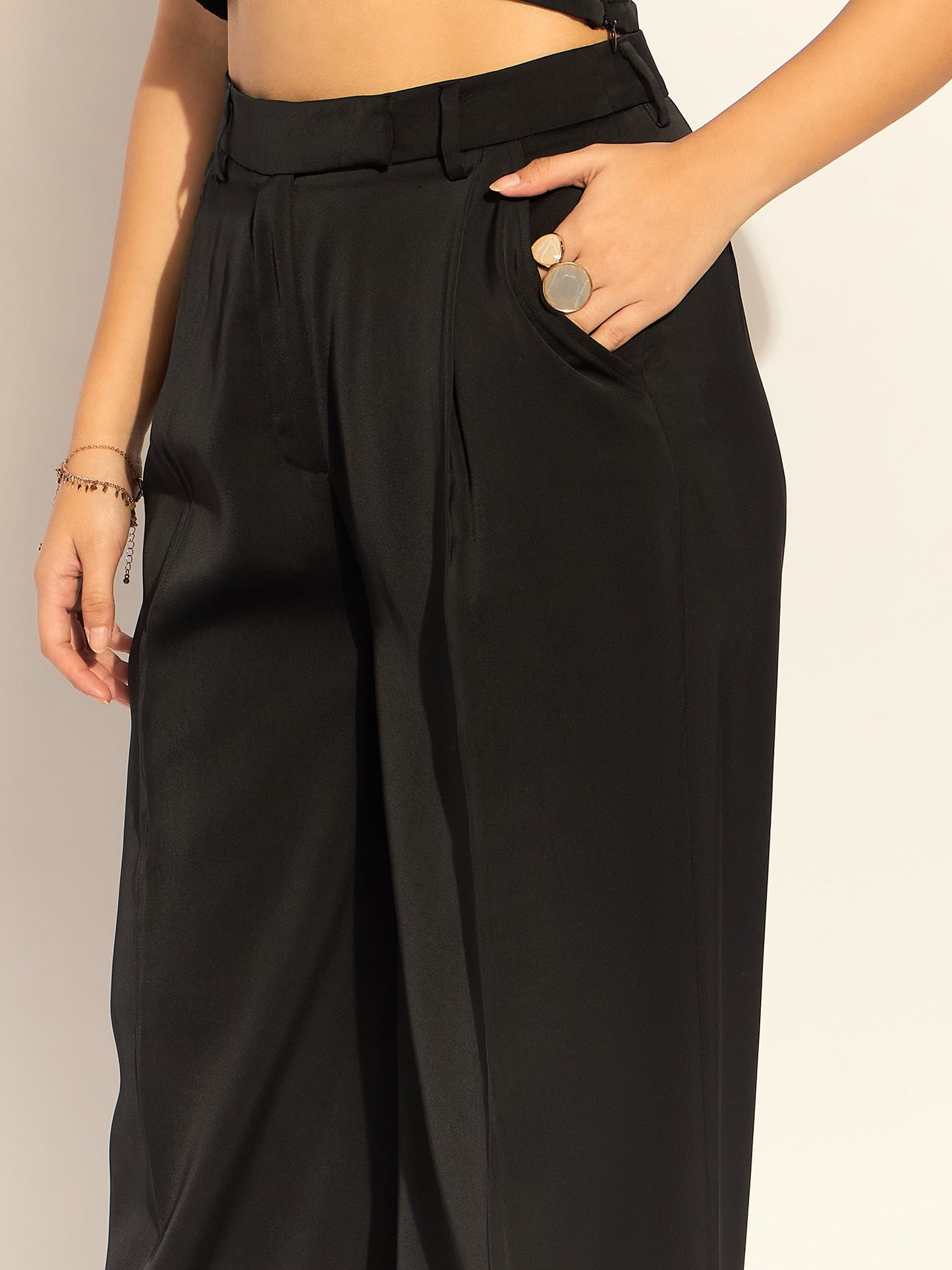 PowerSutra Elegant Black Relaxed Straight Fit Satin High Waist Wide Leg Trouser In Soft Satin