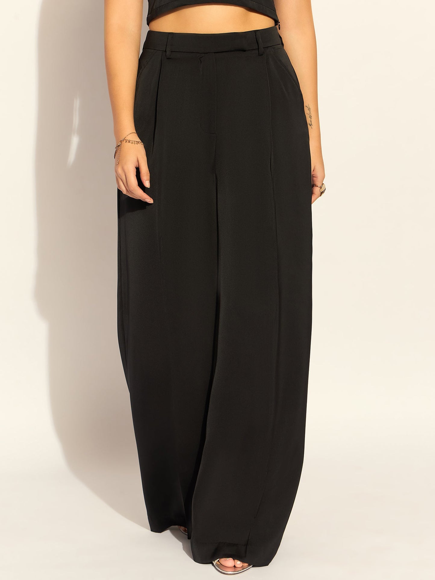 PowerSutra Elegant Black Relaxed Straight Fit Satin High Waist Wide Leg Trouser In Soft Satin