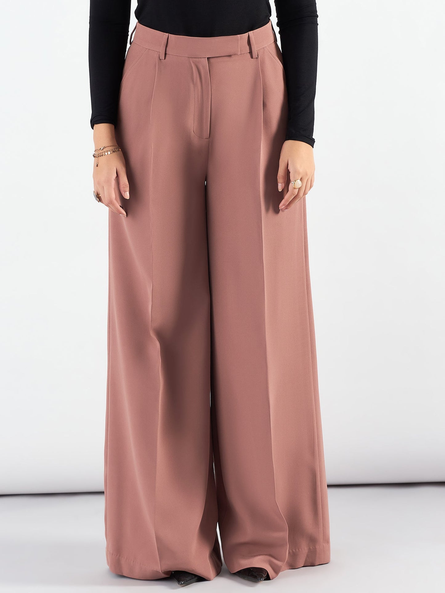 PowerSutra Dusty Peach Classic Relaxed Straight Fit High Waist Wide Leg Trouser In Stretchable Fabric