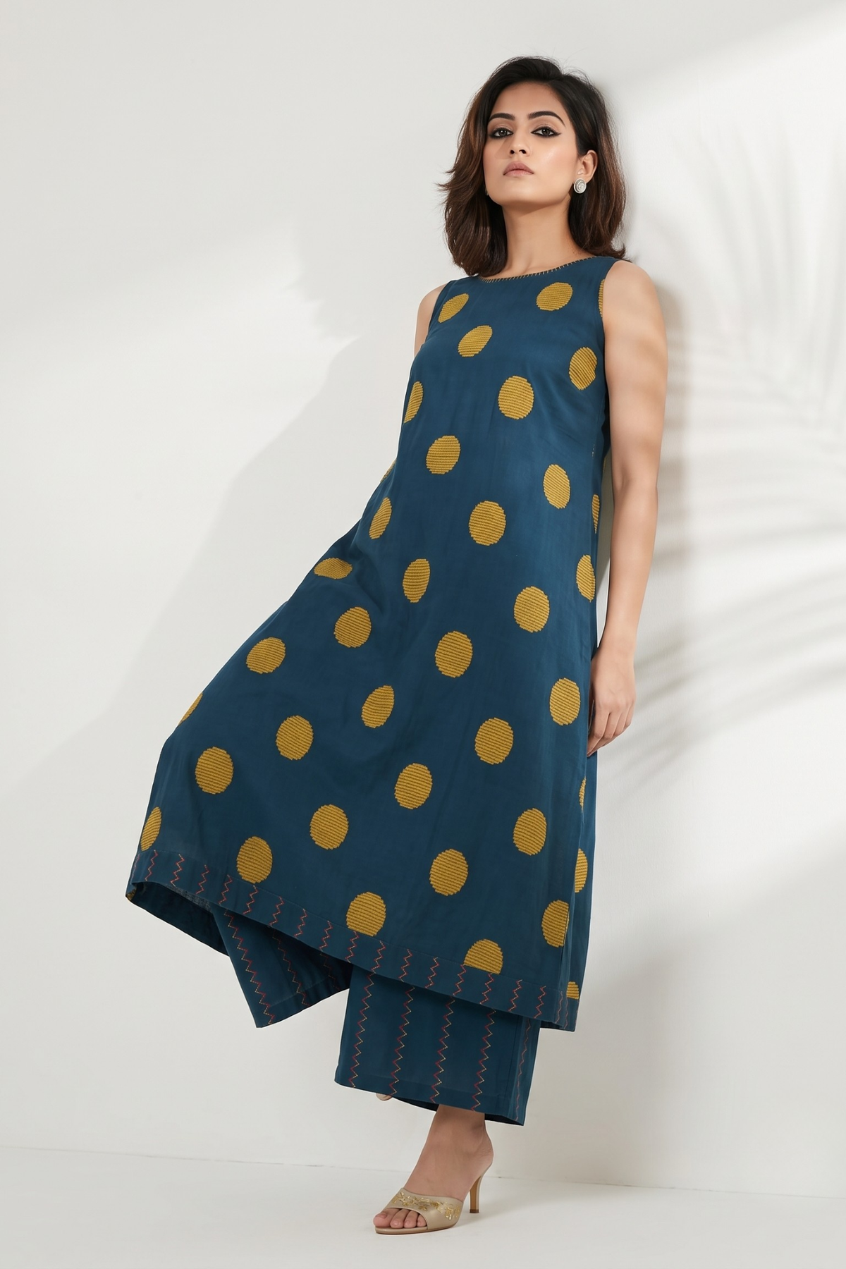 Teal Sunshine Dots Cotton Round Neck Sleeveless Dress Mc