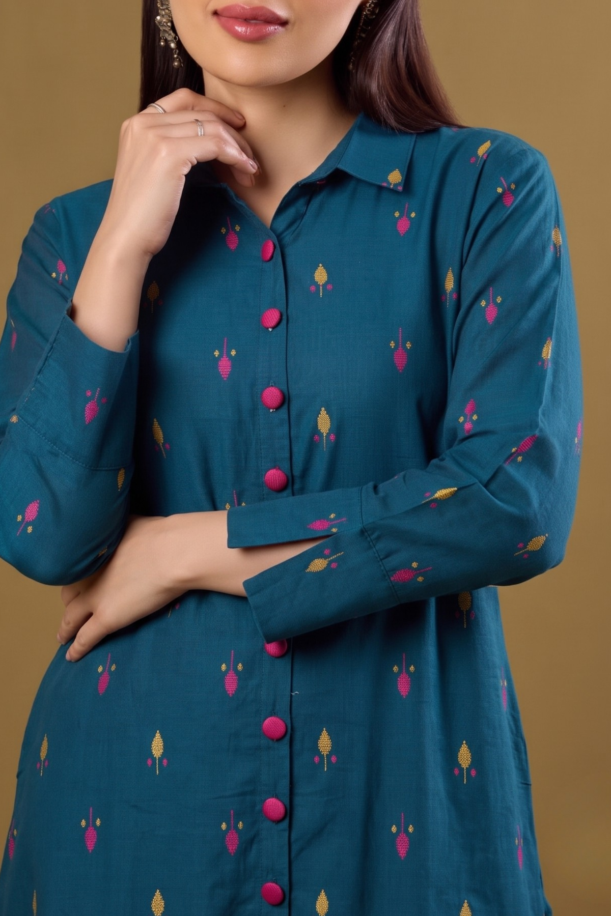 Teal Tropics Leaf Long Cotton Shirt Dress Mc