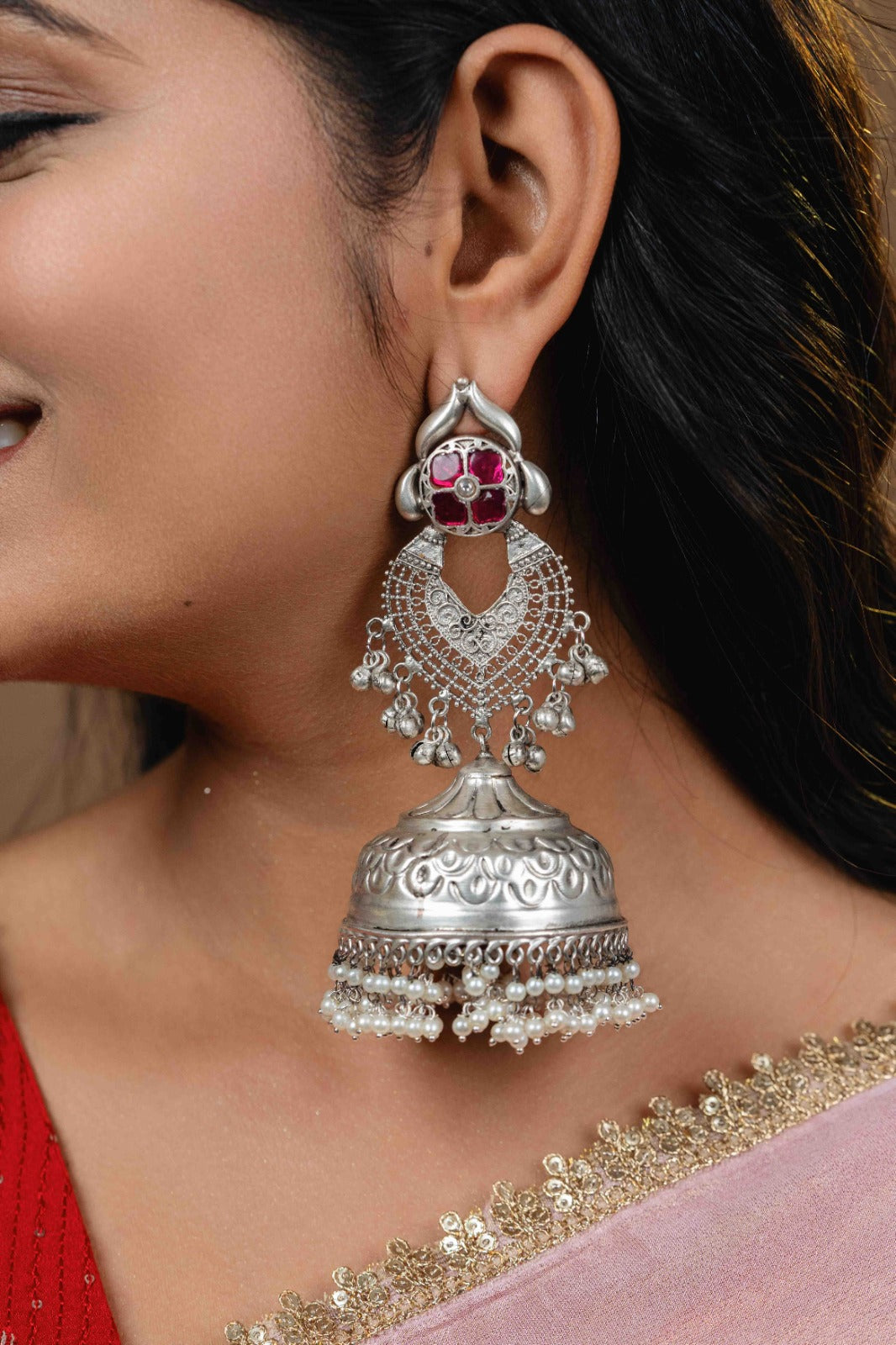 long silver jhumka earring
