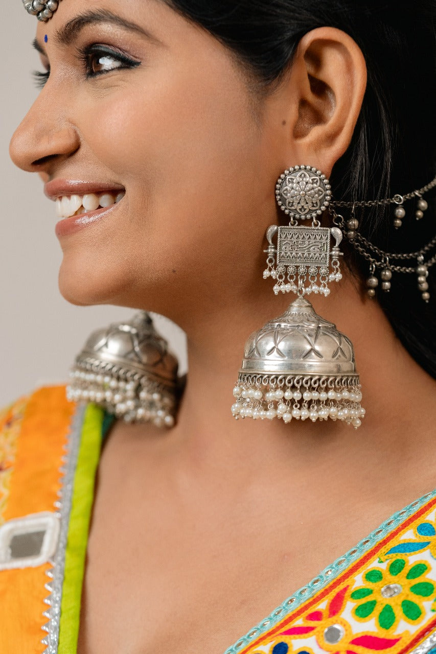 Oxidised jumkha earrings with chain