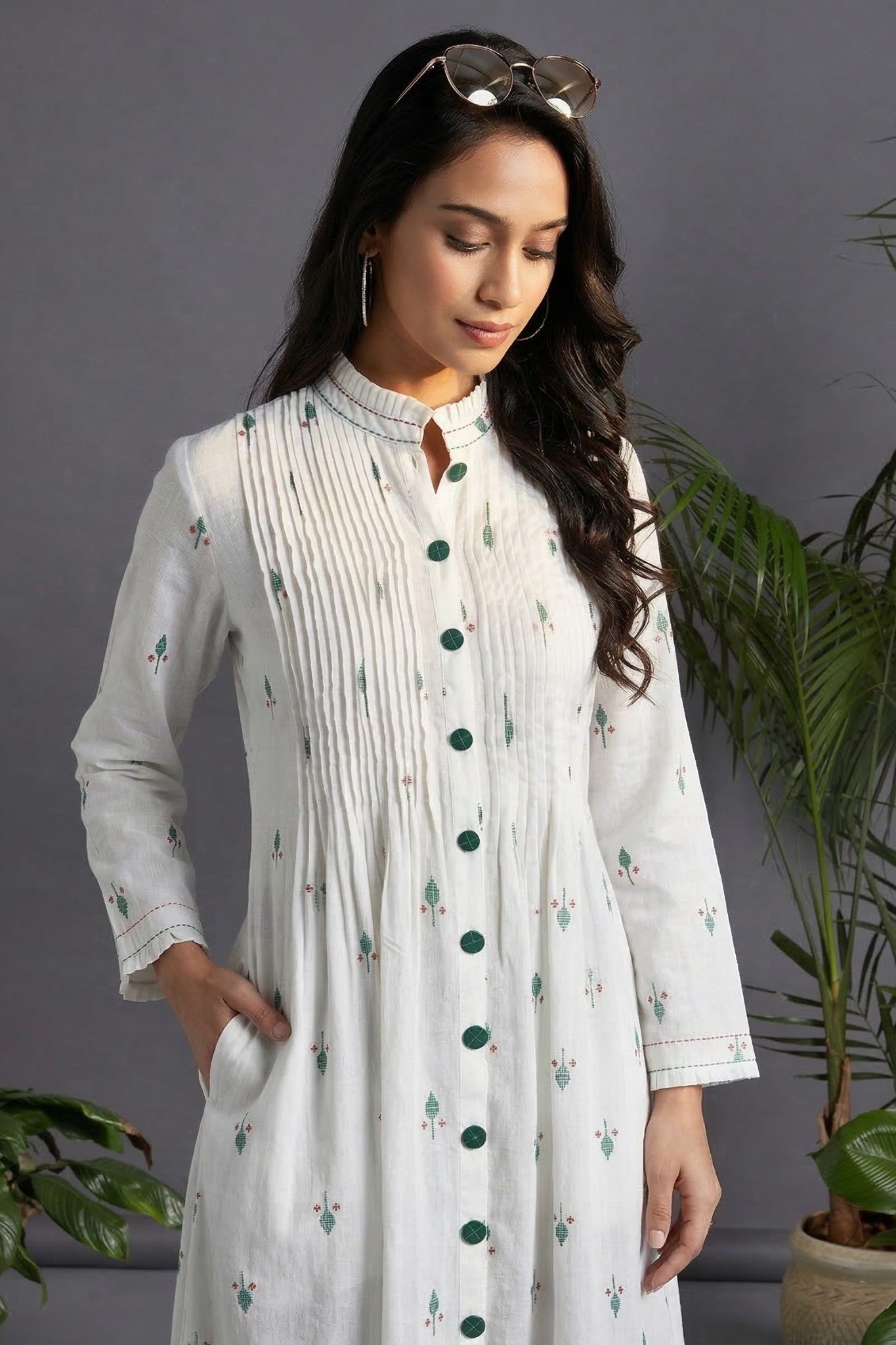 White_Leaf_Sprinkle_Cotton_Pintuck_Pleated_Button_Down_Dress