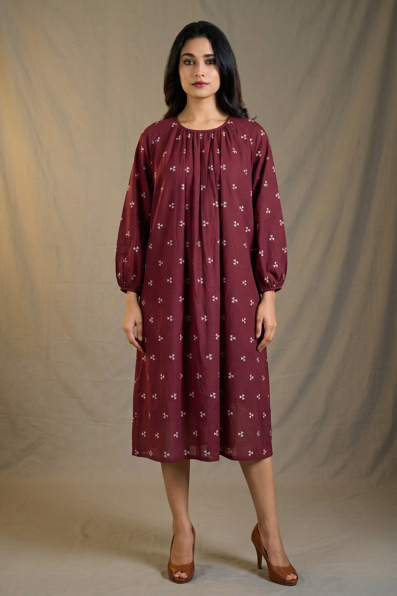 Cinnamon Motifs Cotton Midi Gather Dress Mc