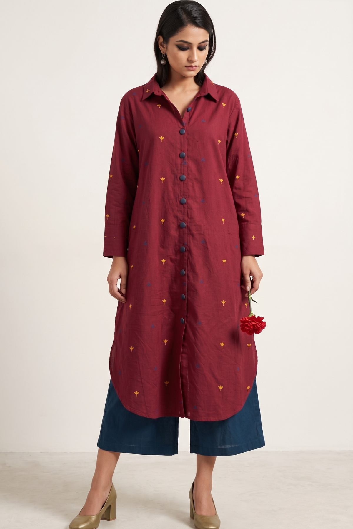 Marsala Bloom Long Cotton Shirt Dress Mc