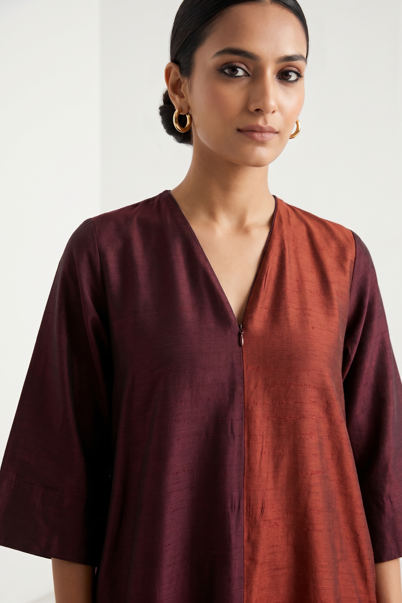 Wine Duo Front Zipper A-Line Silk Slub Kurta Mc