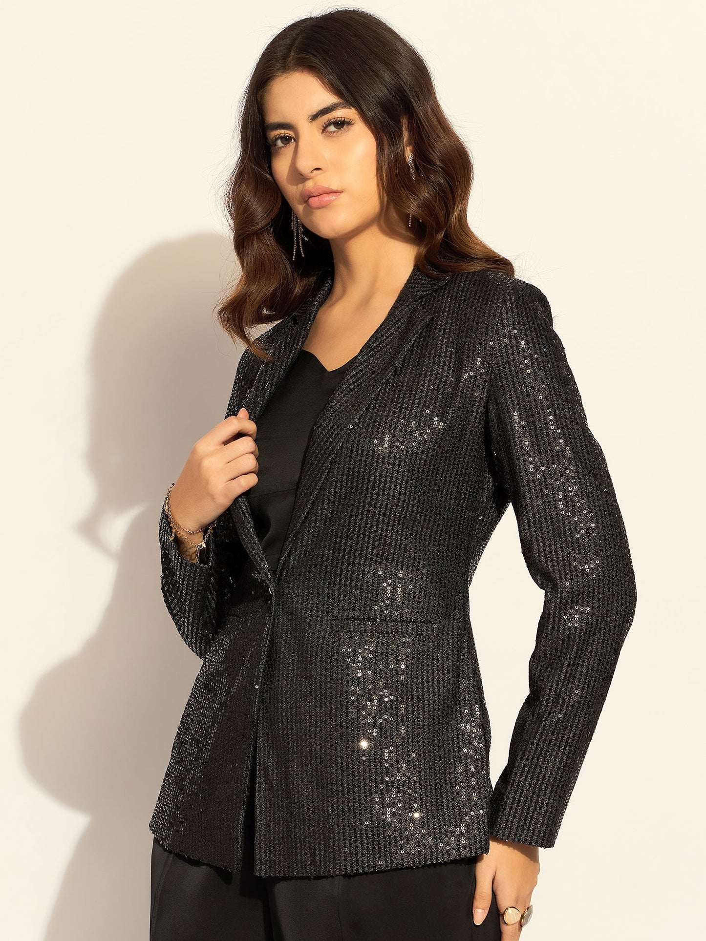 PowerSutra Black Sequined Single-Breasted Party Blazer In Stretchable Fabric