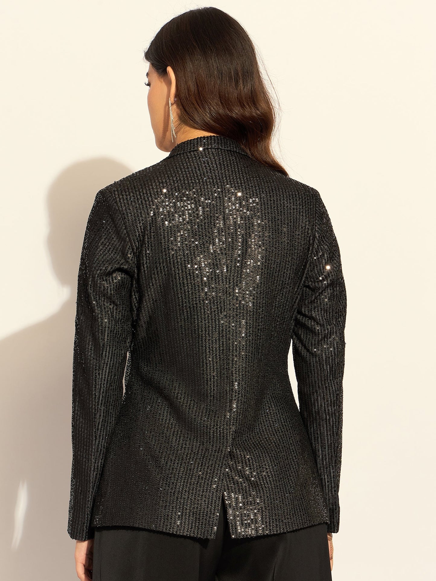 PowerSutra Black Sequined Single-Breasted Party Blazer In Stretchable Fabric