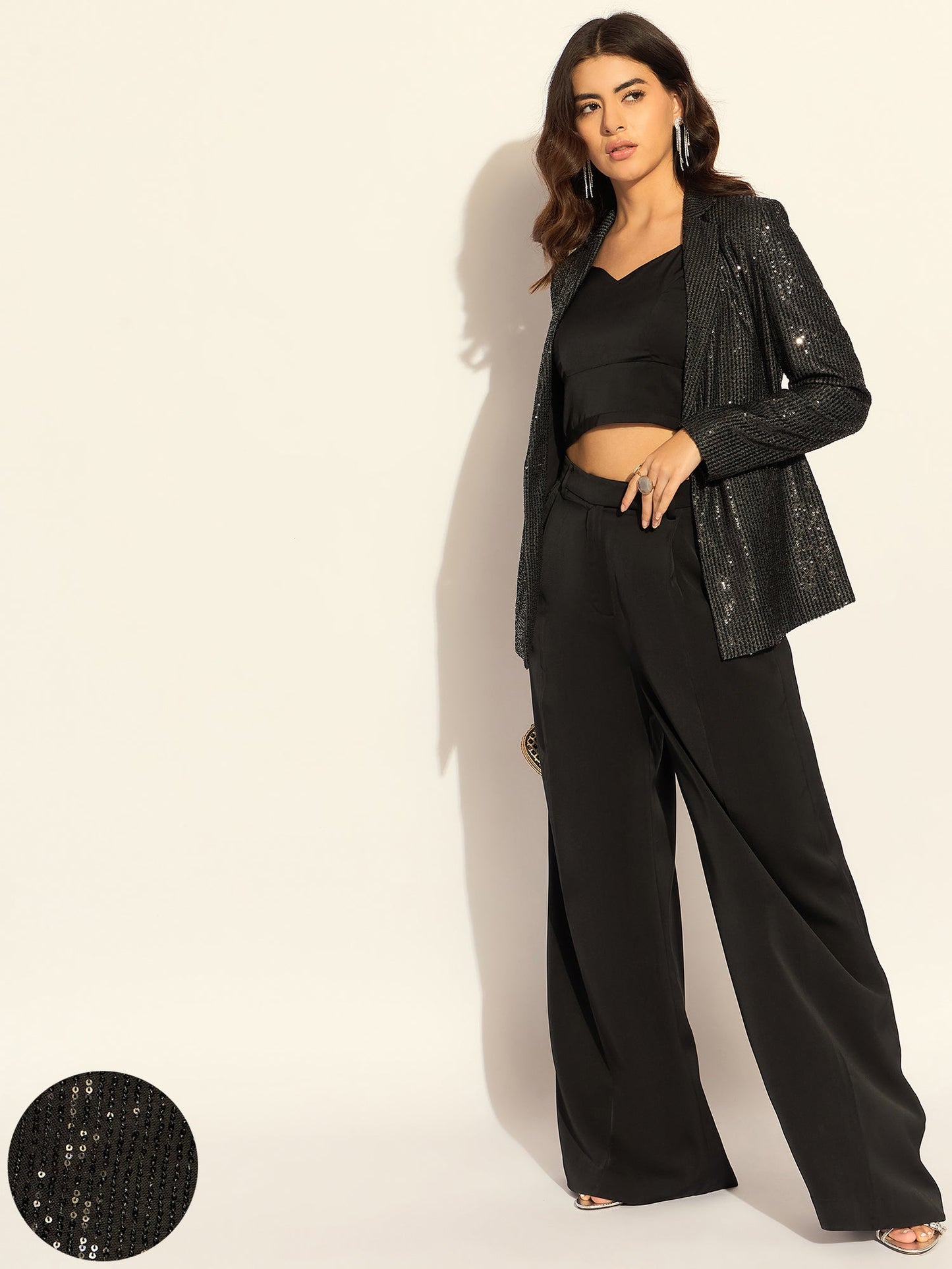 PowerSutra Black Sequined Single-Breasted Party Blazer In Stretchable Fabric