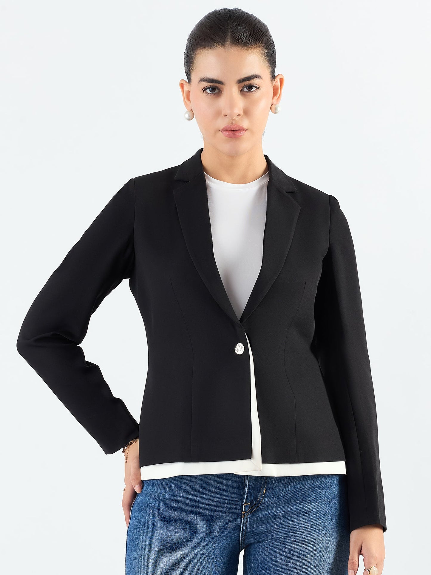 PowerSutra Black And White Layered Structured Blazer in Stretchable Fabric
