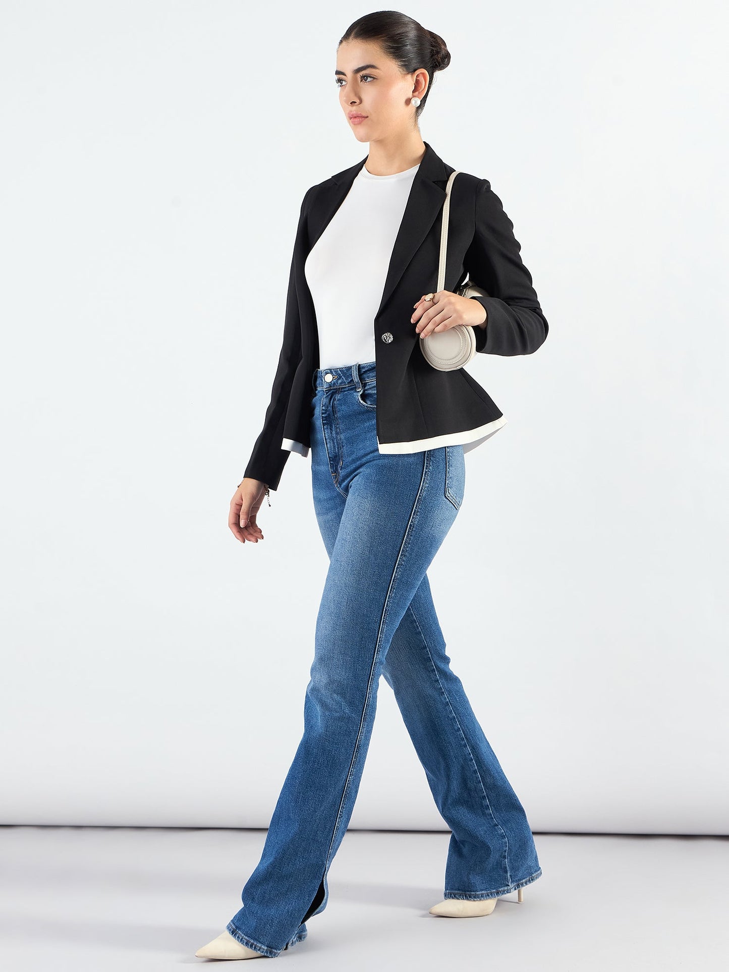 PowerSutra Black And White Layered Structured Blazer in Stretchable Fabric