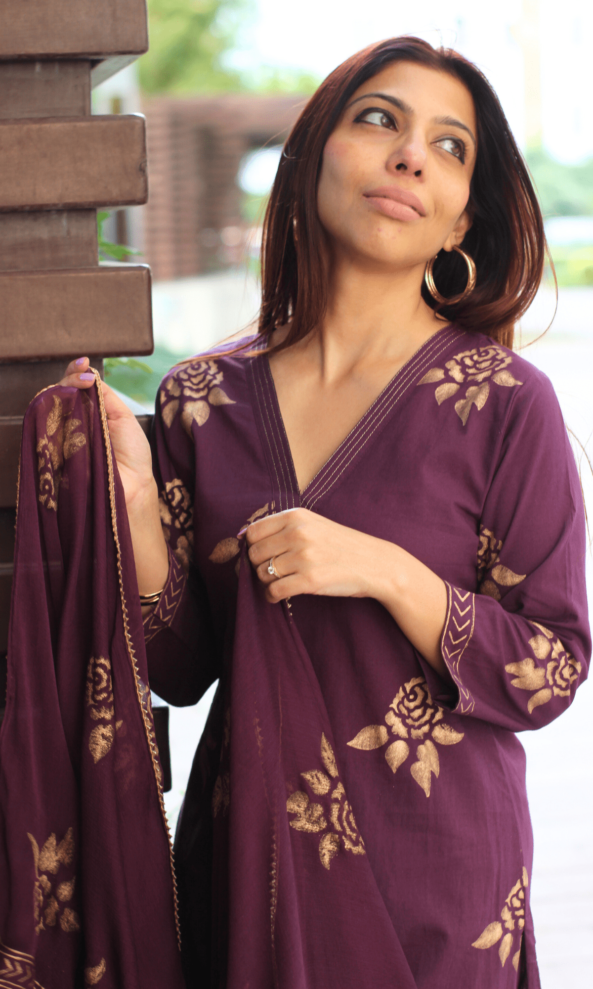 Cotton Hand Block Plum Gold Mughal Print Suit with Chiffon Printed Laced Dupatta - Baareeki