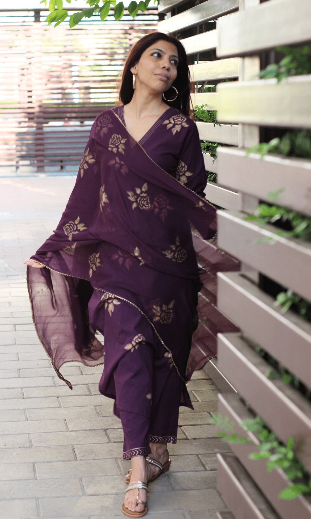 Cotton Hand Block Plum Gold Mughal Print Suit with Chiffon Printed Laced Dupatta - Baareeki