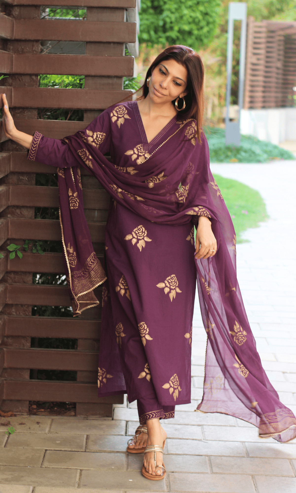 Cotton Hand Block Plum Gold Mughal Print Suit with Chiffon Printed Laced Dupatta - Baareeki