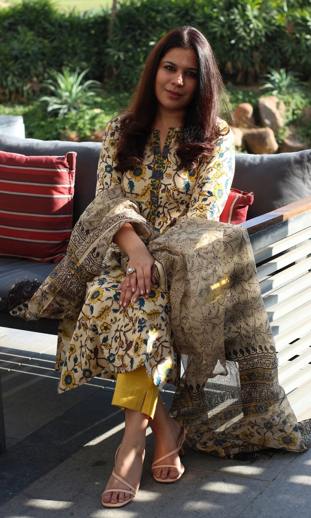 Cotton Handblock Kalamkari Suit Set with Printed Kota Doria Dupatta - Baareeki