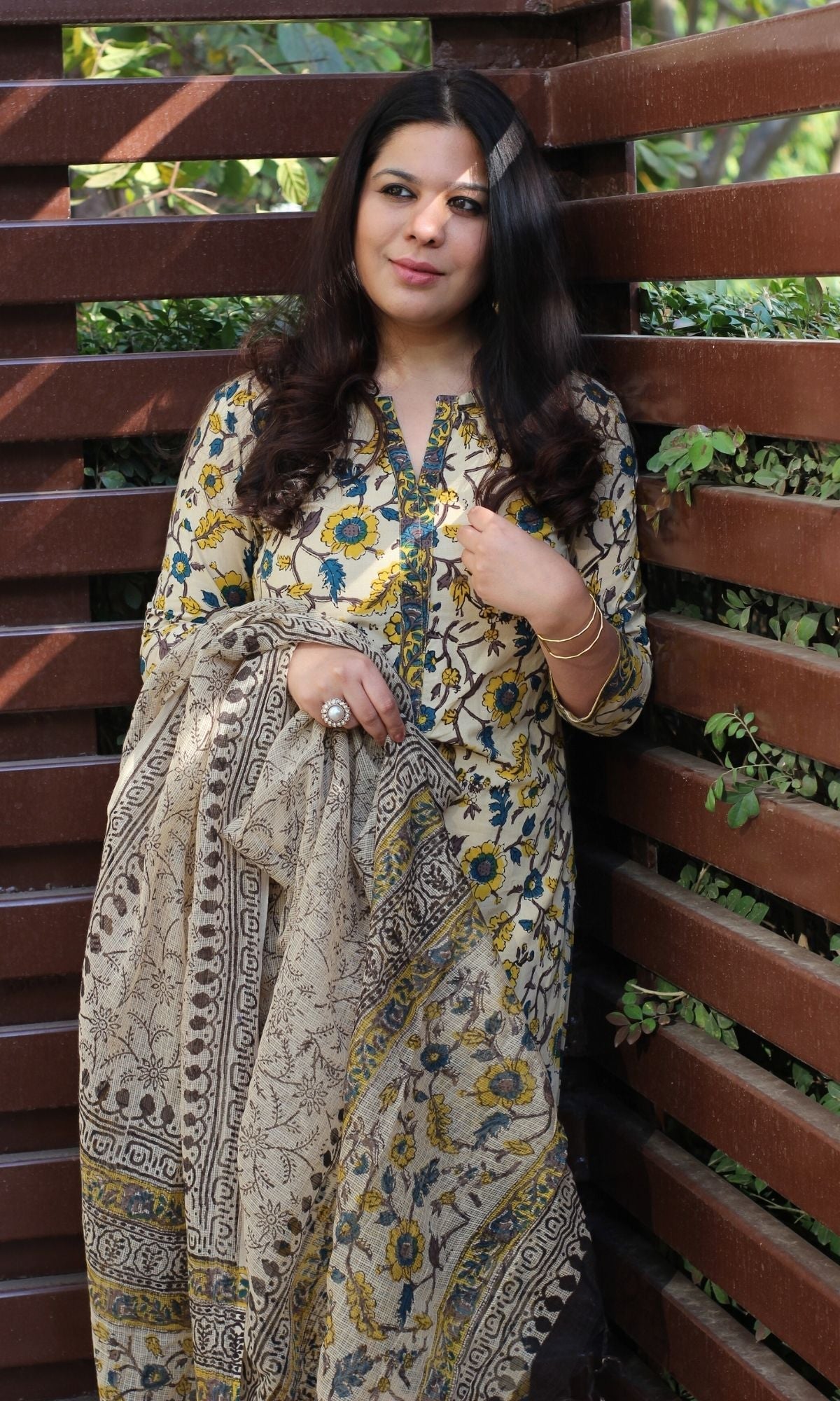 Cotton Handblock Kalamkari Suit Set with Printed Kota Doria Dupatta - Baareeki