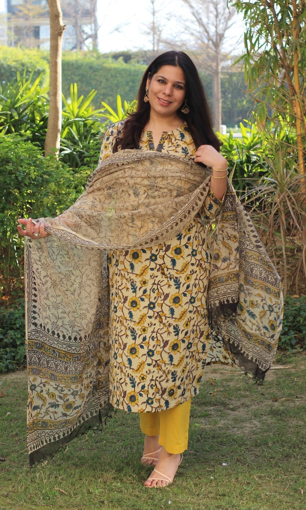 Cotton Handblock Kalamkari Suit Set with Printed Kota Doria Dupatta - Baareeki