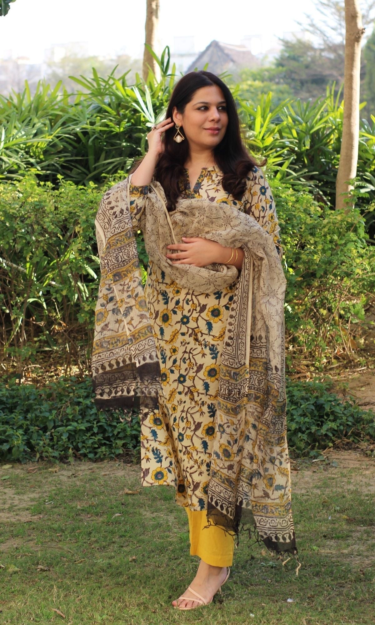 Cotton Handblock Kalamkari Suit Set with Printed Kota Doria Dupatta - Baareeki