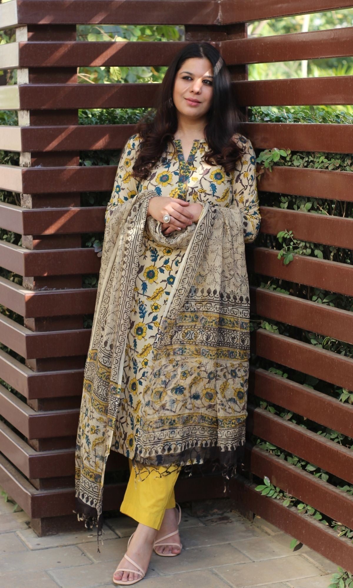 Cotton Handblock Kalamkari Suit Set with Printed Kota Doria Dupatta - Baareeki