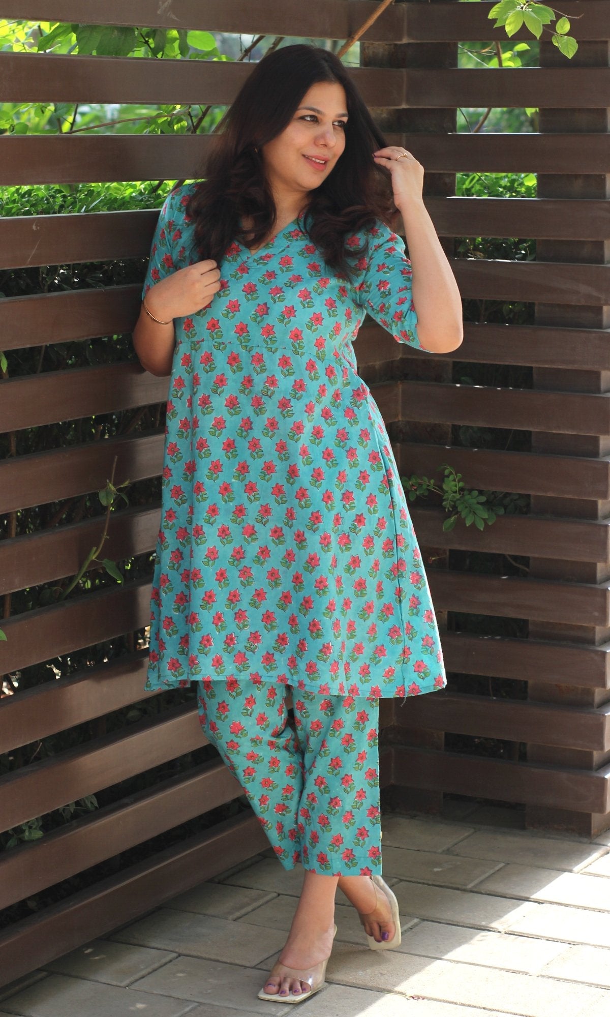 Cotton Handblock Turquoise Coord Set - Baareeki