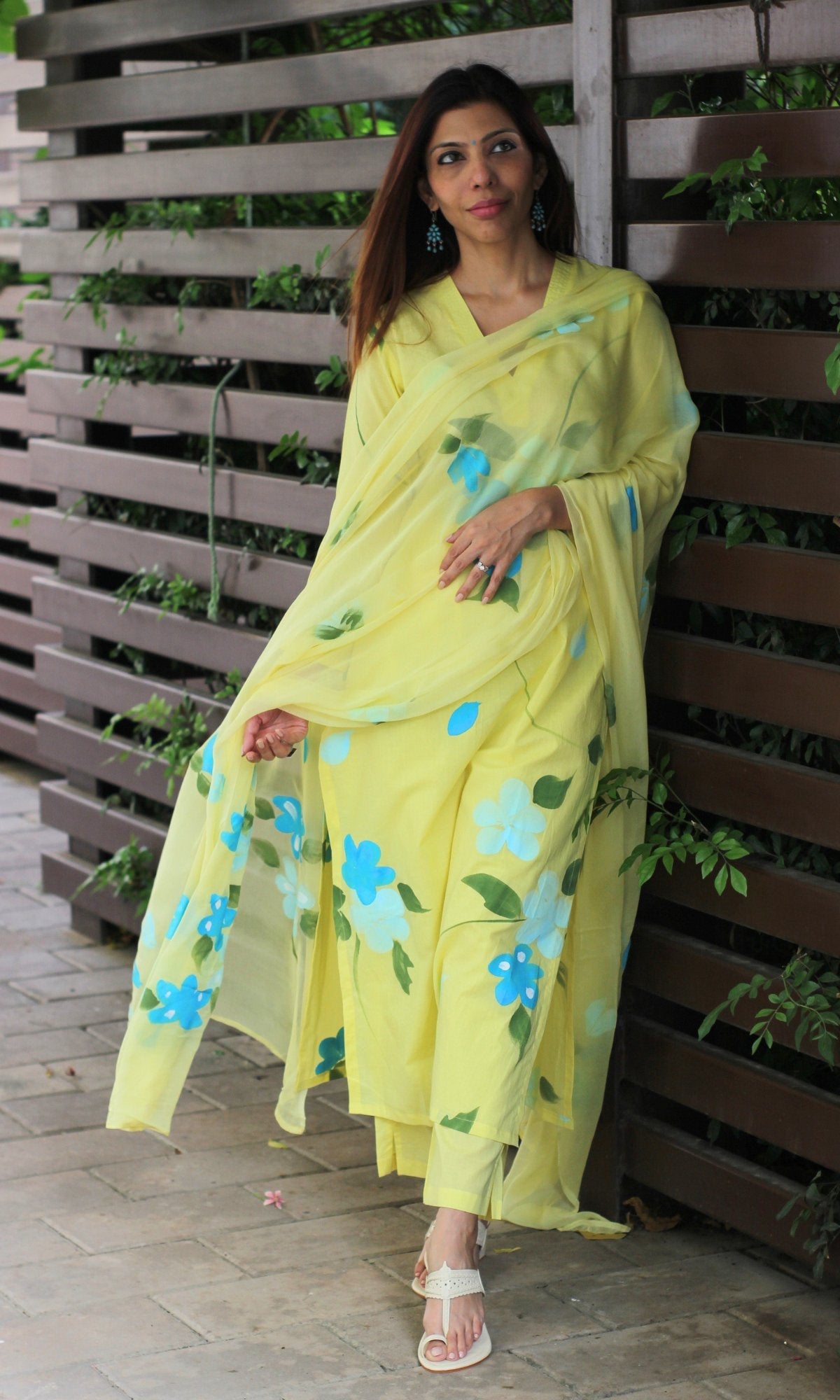 Cotton Yellow & Blue Handbrush Painted Suit with Chiffon Hand - painted Dupatta - Baareeki