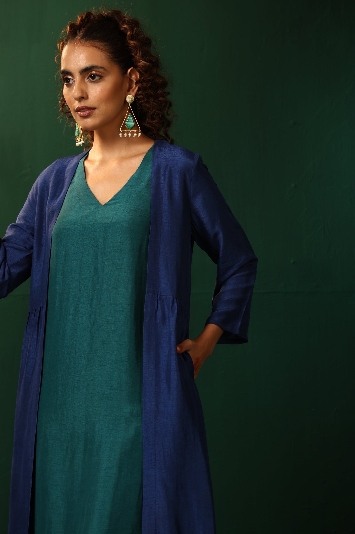 trueBrowns Blue Teal Silk Kurta Jacket Set