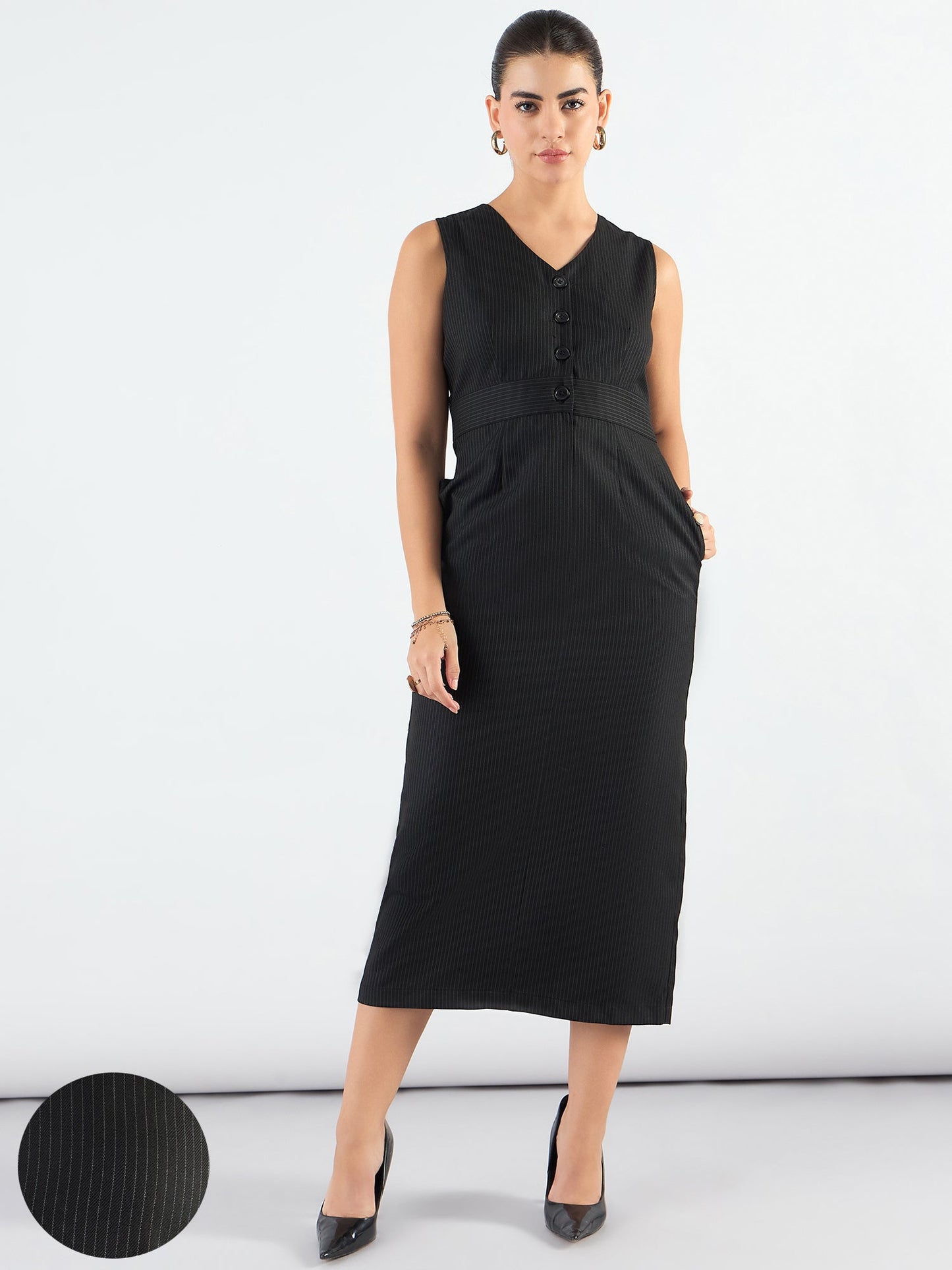 PowerSutra Formal Black Striped Structured Midi Dress
