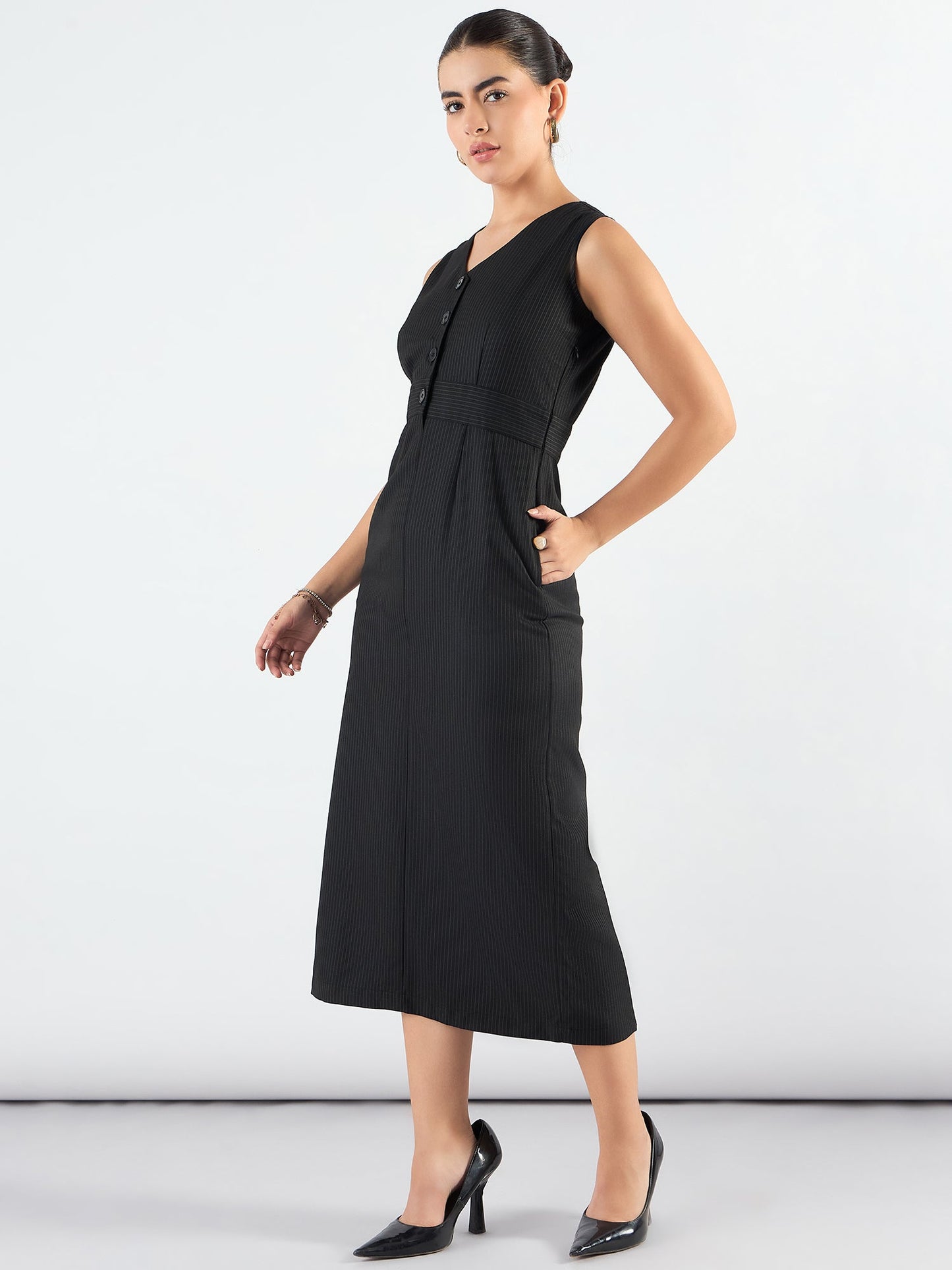 PowerSutra Formal Black Striped Structured Midi Dress