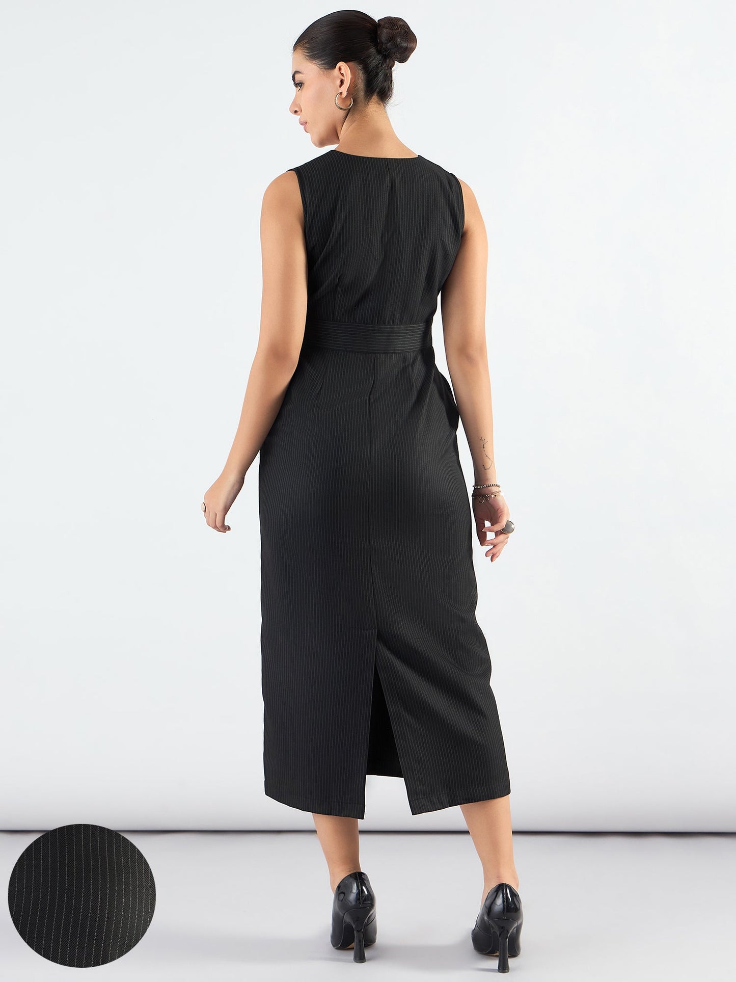 PowerSutra Formal Black Striped Structured Midi Dress