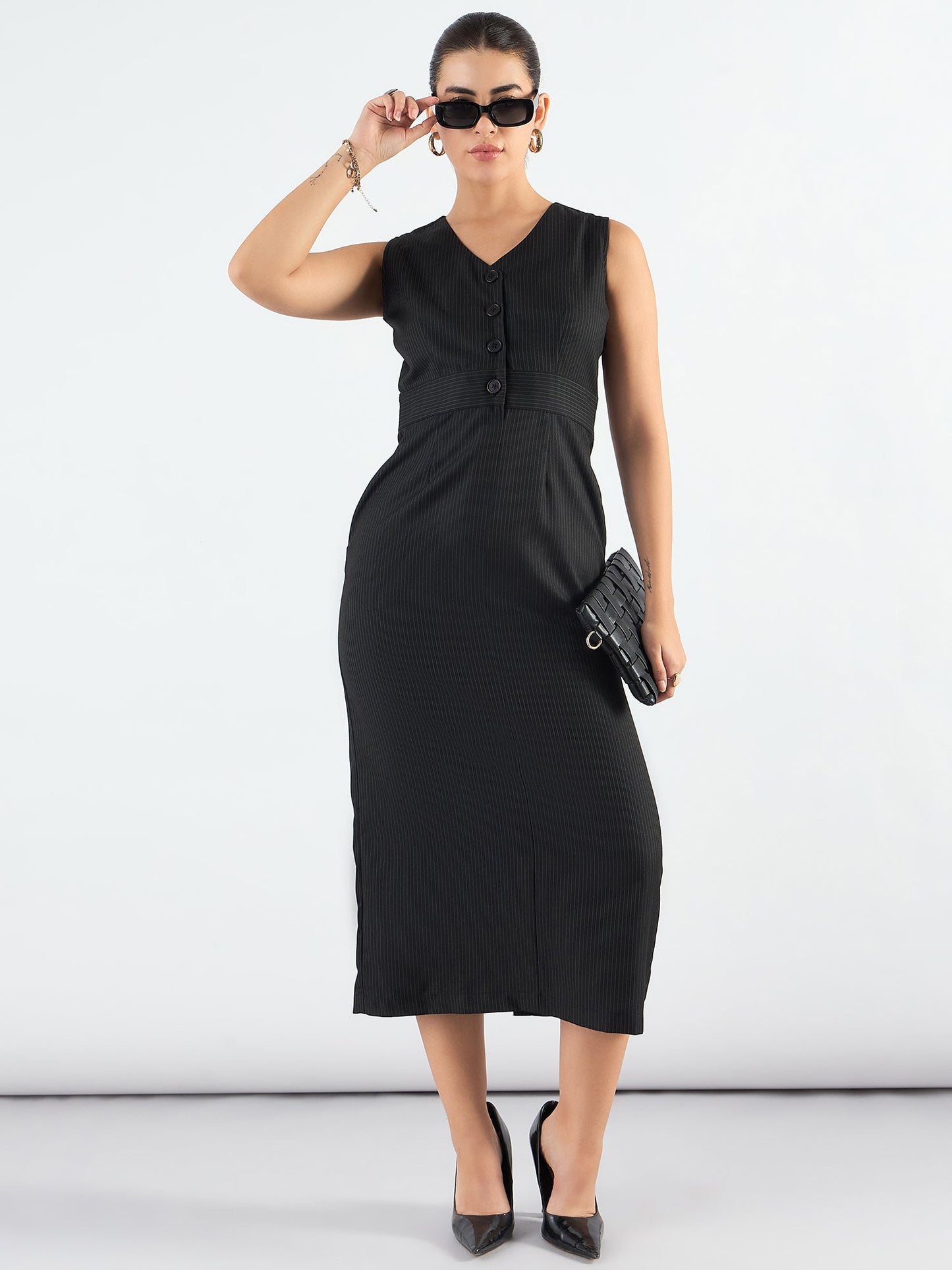 PowerSutra Formal Black Striped Structured Midi Dress