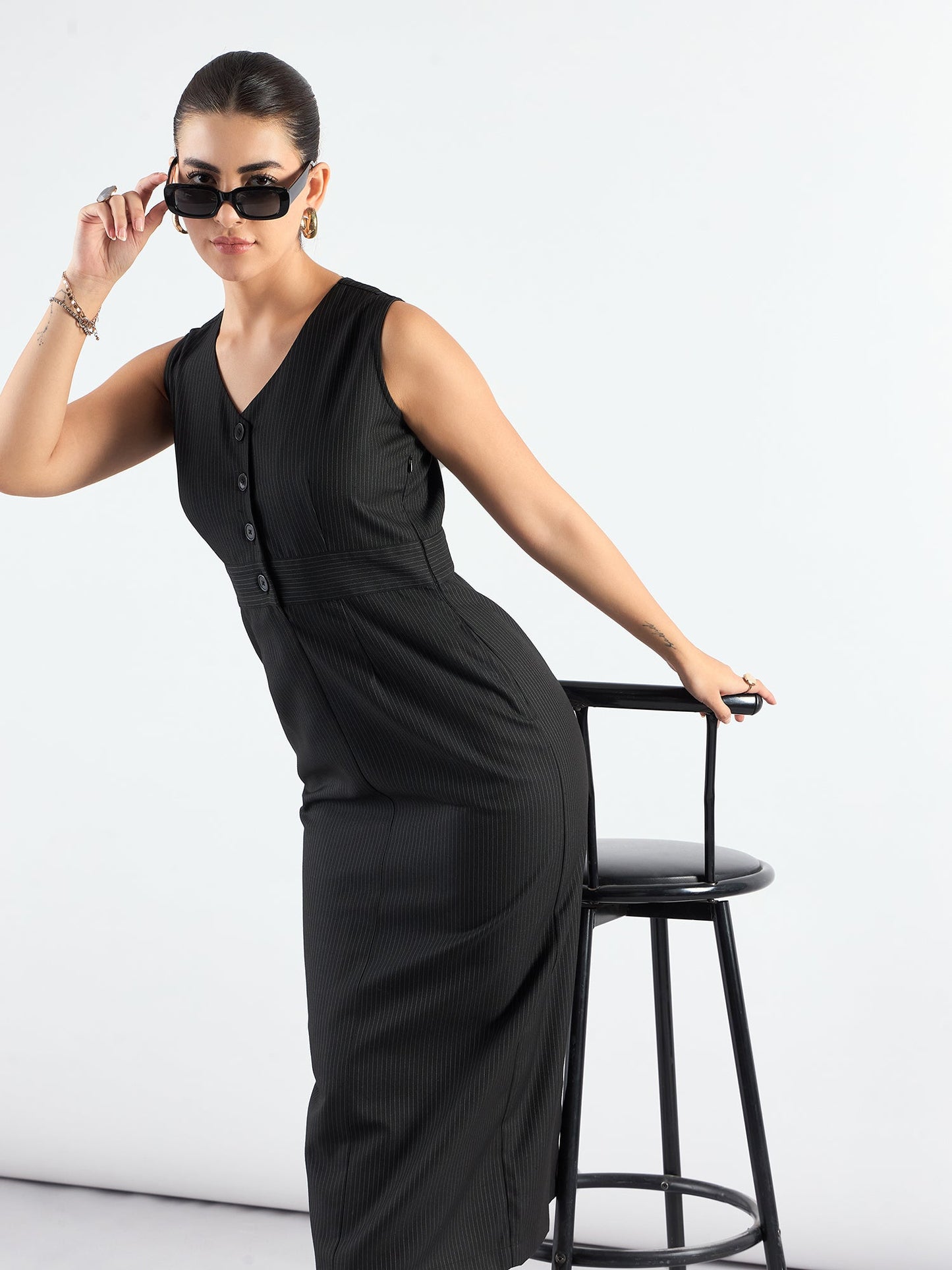 PowerSutra Formal Black Striped Structured Midi Dress