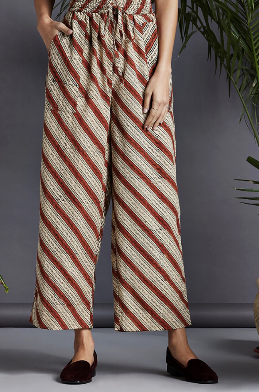 Maati Craft elasticated printed pants - red & biege stripes