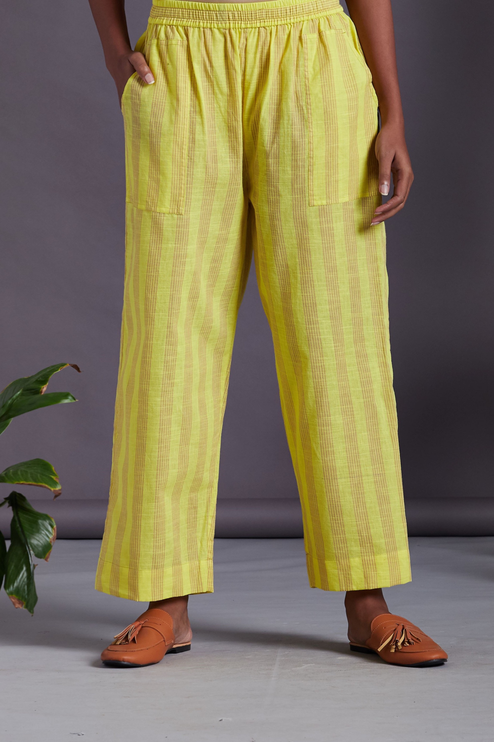 Maati Craft ELASTICATED MANGALGIRI PANTS - lime yellow & brown lines