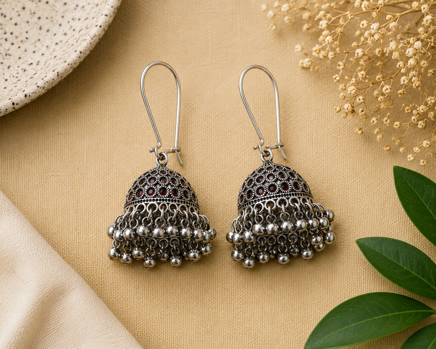 Oxidized Silver Dome Jhumka Earrings with Red Stone Detailing & Pearl Drops LP- 48Hr Delivery