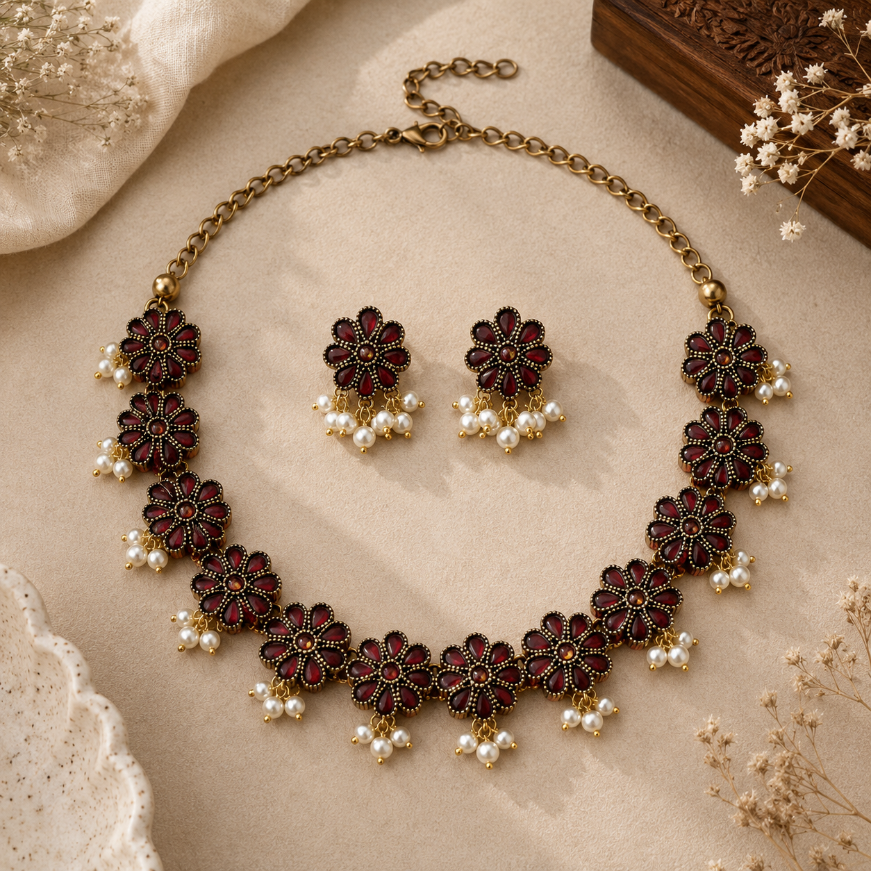 Maroon Floral Necklace & Earrings Set with Pearl Drops
