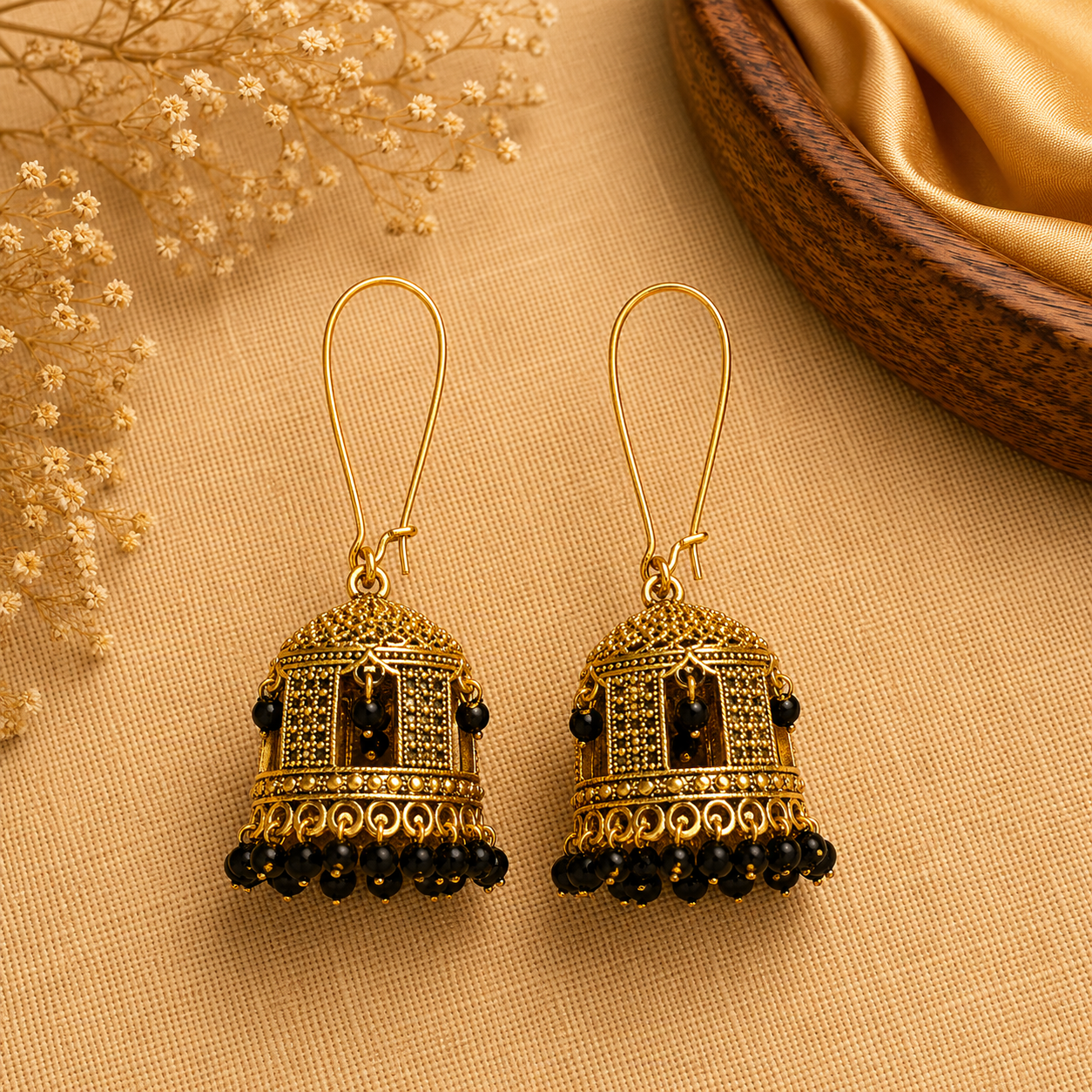 Antique Gold Long Chain Jhumka Earrings with Black Beads LP- 48Hr Delivery