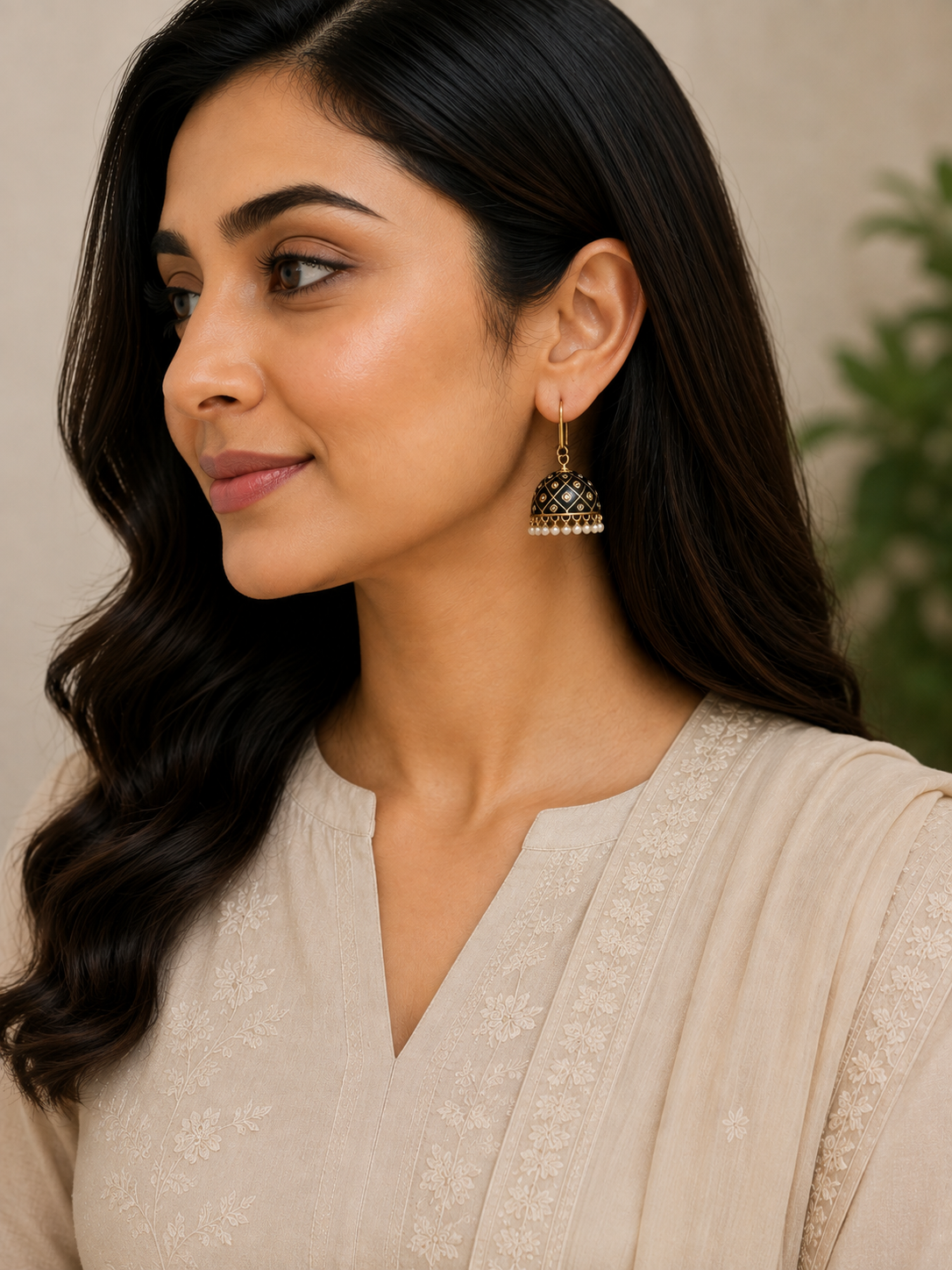 Black & Gold Dome Jhumka Earrings with Pearl Drops