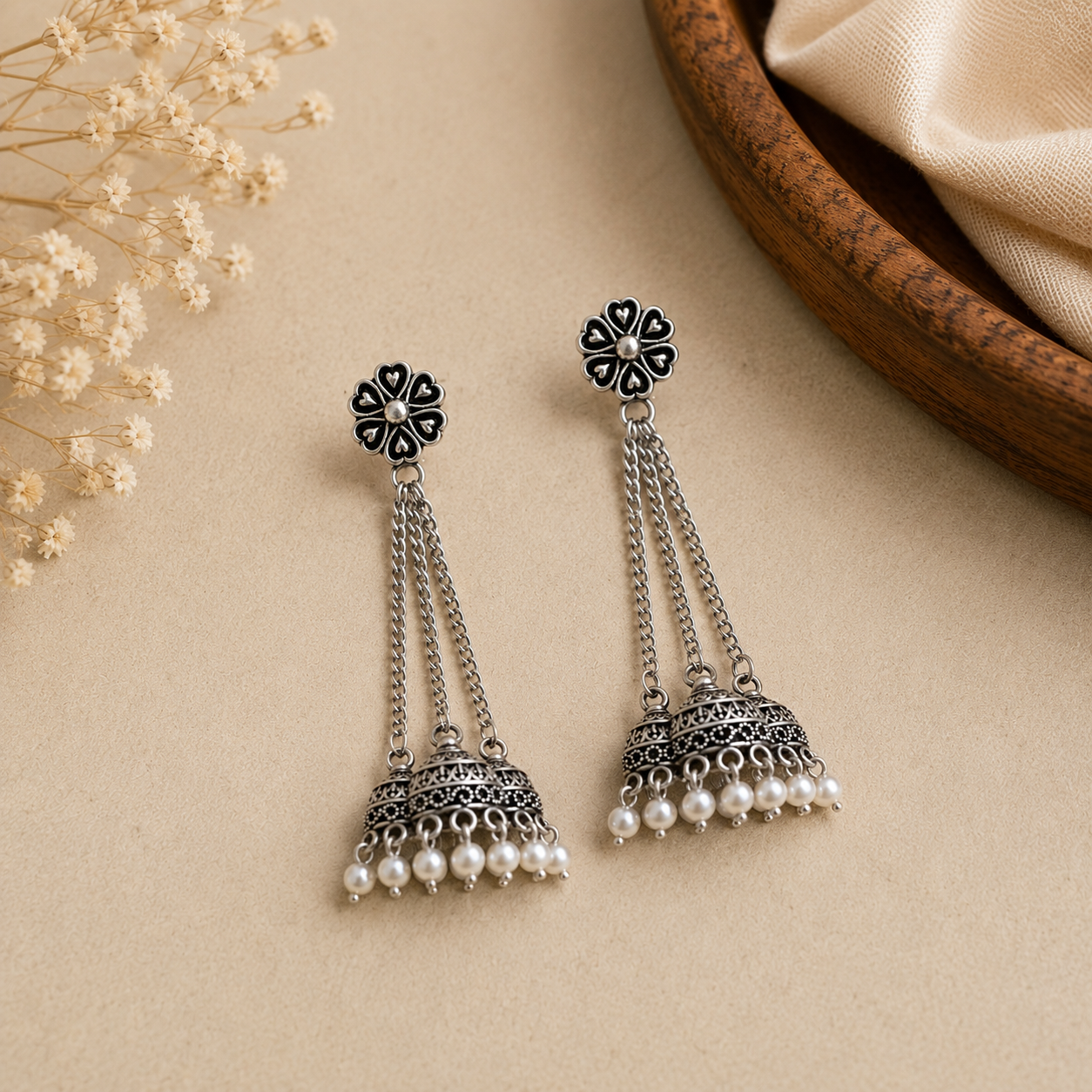 Oxidized Silver Long Chain Jhumka Earrings with Pearl Drops